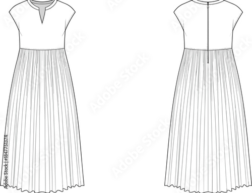 Women’s cap-sleeve pleated midi dress technical drawing with split neckline, waist seam, and back zipper