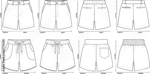Women’s casual shorts technical fashion illustration with woven and elastic waist variations, front and back viewsWomen’s casual shorts technical fashion illustration with woven and elastic waist