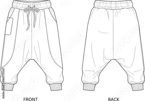 Women’s relaxed-fit jogger pants technical drawing with elastic waistband, drawstring, cuffed hems, front and back views
