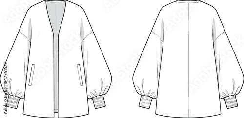 Women’s open-front cardigan technical fashion drawing with balloon sleeves, ribbed cuffs, front and back views