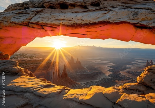 Natural Rock Arch at Sunset, Canyon Landscape with Sunburst, Orange and Yellow Hues