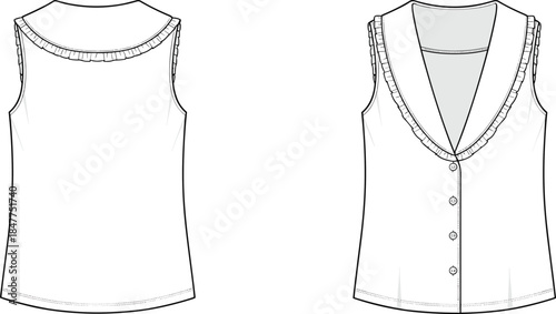 Women’s sleeveless button-front blouse technical fashion illustration with V-neck ruffle trim, front and back