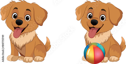 Cute Cartoon Puppy Dog Sitting and Playing with Ball – Vector Illustration