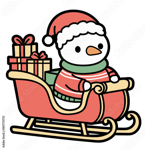 Cute snowmen Pulling Christmas Sleigh with Gifts, Winter Cartoon Clip Art