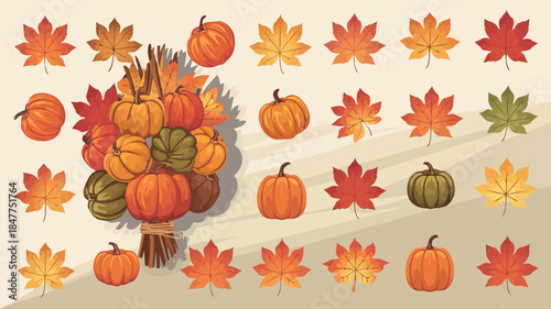 Autumn scene with pumpkins and colorful falling leaves on a beige background