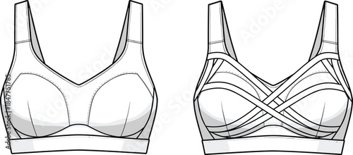 Women’s sports bra technical fashion illustration with contoured cups and crossover support straps, front and back views