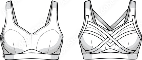 Women’s supportive bralette technical fashion illustration with molded cups and crisscross front straps, front views