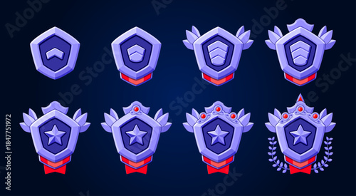 Silver Rank achievements badges set. Ribbon and wings. High quality illustrations. Perfect for games progress.