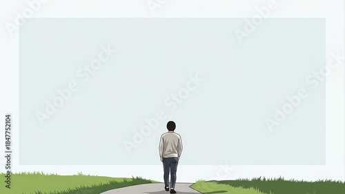 Man walking on a road towards a large blank white wall, symbolizing uncertainty and the unknown future.
