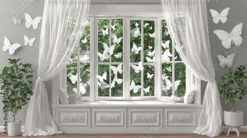 Elegant window adorned with butterflies and curtains, evoking a sense of tranquility and light