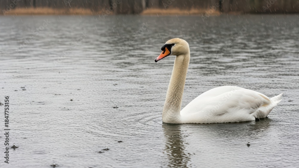 Obraz premium Graceful swan in serene rainy lake captured in tranquil setting