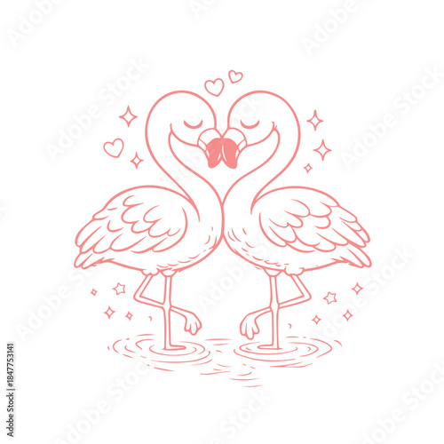 Romantic Flamingo Couple Line Art Illustration with Tropical Flowers