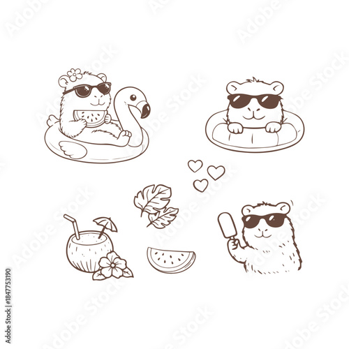 Black and White Capybara Summer Sticker Set Line Art