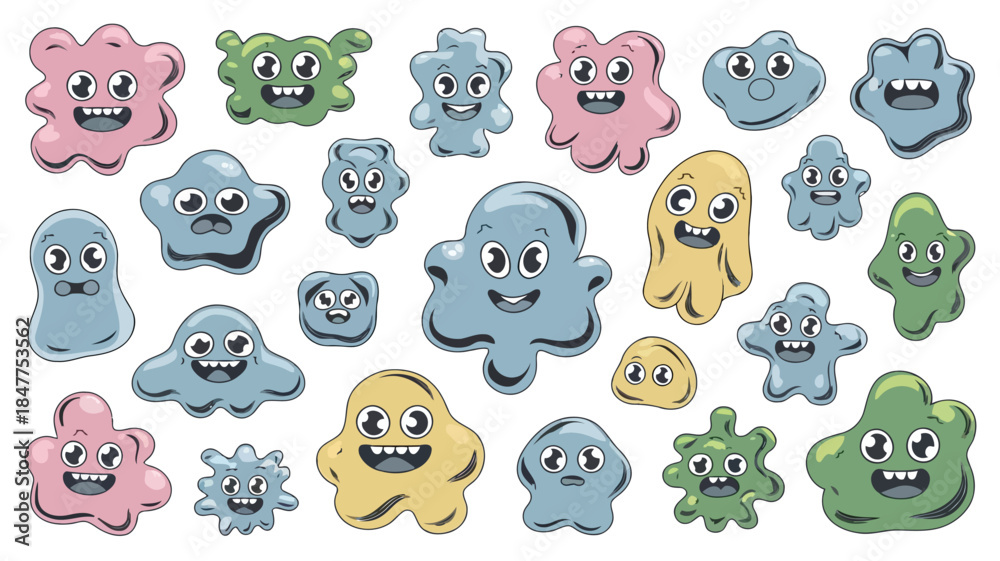 Fototapeta premium Colorful cartoon cloud characters with happy faces in various shapes and sizes