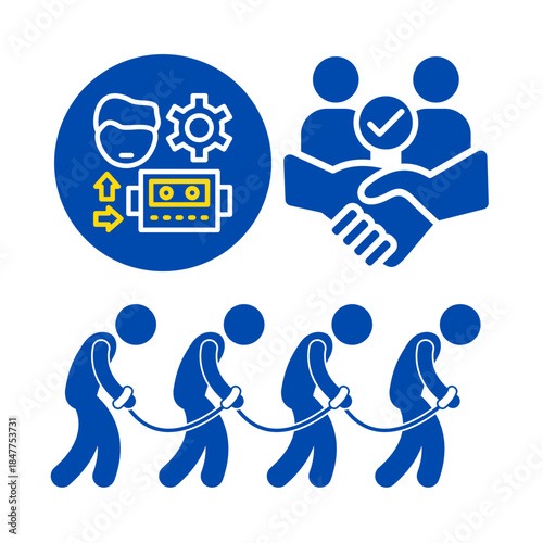 Icons representing business process flow, teamwork, automation, and sequential steps