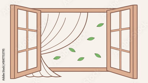 Open window with fluttering curtains and leaves 