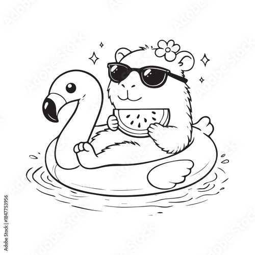 Cute Capybara Relaxing on Flamingo Pool Float Line Art