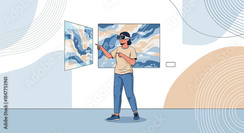 Immersive art exploration a woman interacts with digital canvases using vr technology