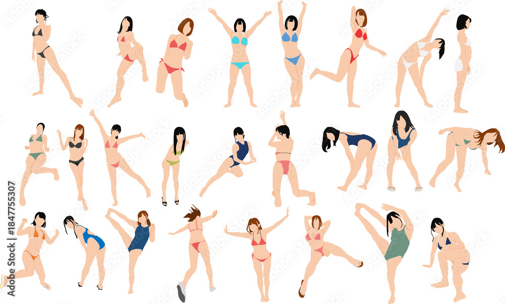 Fototapeta premium ポーズをとる水着を着た女性のイラストセット