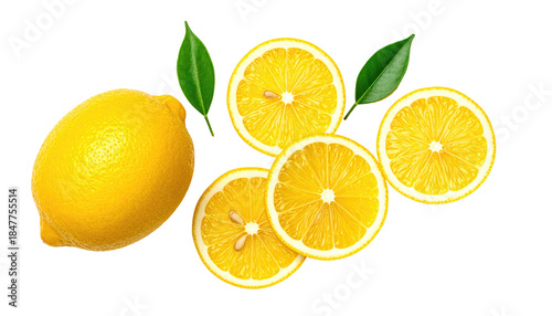 Wallpaper Mural A vibrant composition featuring a whole lemon alongside sliced segments, showcasing freshness with verdant leaves. The fruit's color is yellow Torontodigital.ca