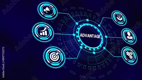 Competitive advantage concept with connected digital icons highlighting strategic positioning, analytics intelligence, and performance differentiation.