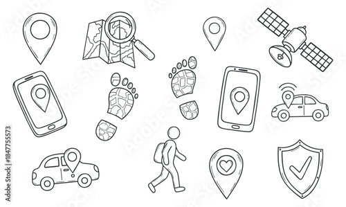 A collection of navigation and location icons including cars, smartphones, footprints, and a satellite in outline vector style, ideal for travel and technology projects