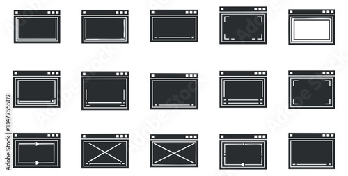 A collection of web browser window icons in minimalist outline vector style, perfect for user interface design and web development