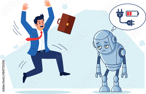 Energetic Businessman Leaping with Joy and a Briefcase While a Drained Robot Suffers from a Low Battery, Symbolizing AI Dependency or Human Vigor.
