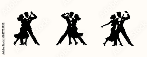 Vector illustration. Silhouettes of dancing people. Couple in love. Tango-waltz. Salso.