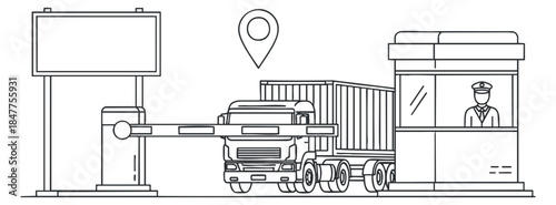 A truck passing through a border checkpoint with a guard and signage in minimalist line art vector style, suitable for logistics and transportation projects