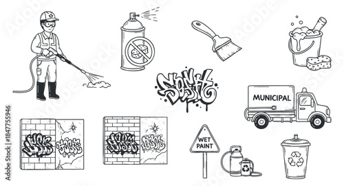 A collection of graffiti removal elements including a worker spraying paint, tools, and signage in black and white outline vector style, ideal for urban maintenance projects