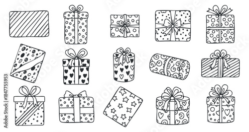 A collection of hand-drawn gift boxes with ribbons and patterns in black and white outline vector style, perfect for festive designs