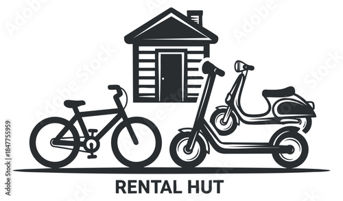 A rental hut featuring a bicycle and a scooter in minimalist black and white vector style, ideal for travel and outdoor activities