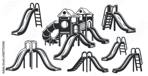 A set of playground slides and play structures in black and white vector style, ideal for children's activity graphics