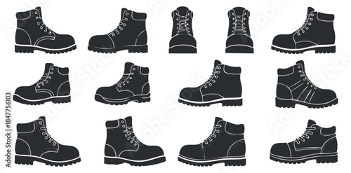 A collection of various boot designs in black and white vector style, suitable for fashion and footwear branding