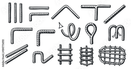 A collection of various twisted and bent wire shapes in black and white hand-drawn sketch vector style, ideal for creative design projects