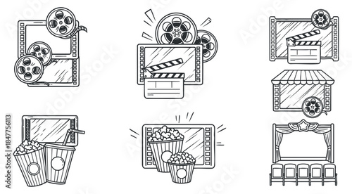 A collection of cinema-themed icons including popcorn, film reels, clapperboard, and theater in black and white outline style, suitable for movie-related projects