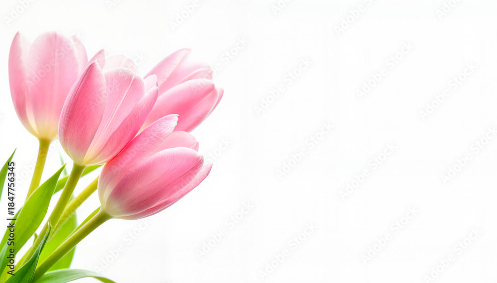 Fototapeta premium Macro photography, extreme close-up of pink tulips buds, against white background