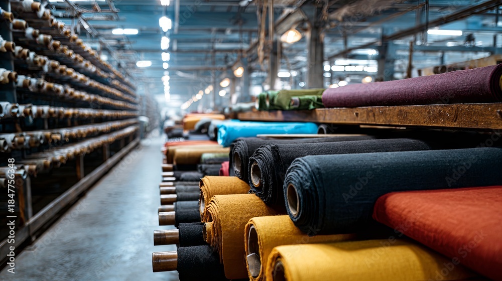 Fototapeta premium Fabric production in a factory, rolls of fabric on a conveyor belt