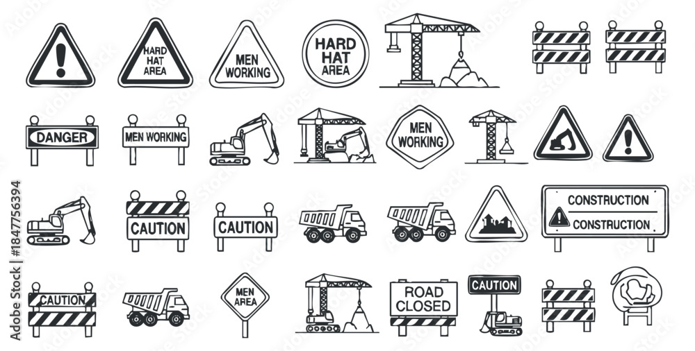 Fototapeta premium A collection of construction and safety signs in black and white outline vector style, ideal for construction site applications