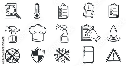 A collection of cleaning and health-related icons in black and white outline vector style, suitable for kitchen safety and hygiene projects