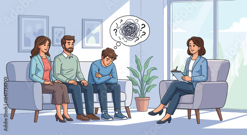 Family Therapy and Psychological Consultation: Female Therapist Helping Parents and Depressed Son Resolve Mental Health Issues and Emotional Challenges.