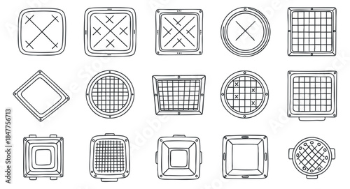 A collection of square grid patterns and designs in black and white outline vector style, suitable for graphic design projects