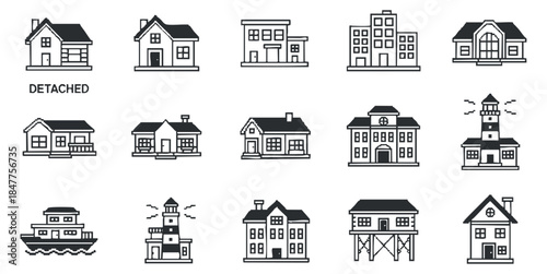 A collection of various house and building icons in clean outline vector style, suitable for real estate and architectural projects