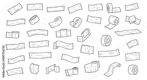 A collection of various tape and ribbon designs in hand-drawn sketch style, perfect for creative projects and crafting.