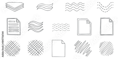 A collection of paper and texture icons in minimalist outline vector style, suitable for office and stationery design