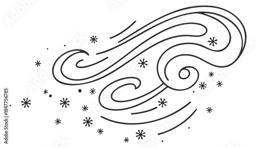 A stylized illustration of flowing wind with swirling lines and scattered stars and snowflakes in minimalist black outline vector style, suitable for nature-themed designs