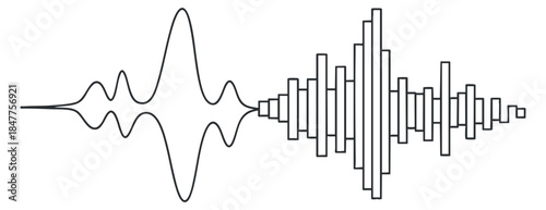 A sound wave illustration featuring varying waveforms in a minimalist black and white vector style, suitable for audio and music design projects