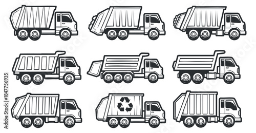 A collection of various garbage trucks in black and white outline vector style, suitable for environmental and waste management illustrations