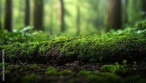 Serene Forest Floor with Mossy Log and Lush Greenery in Sunlit Woods